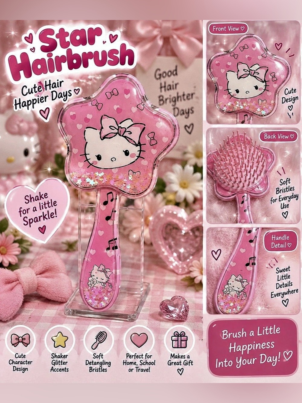 Sanrio Hello Kitty Star Liquid Glitter Hair Brush Pink NIB